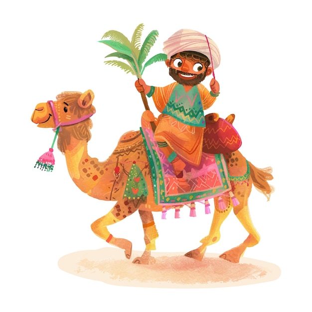Vector hombre lindo montando un camello acuarela 9