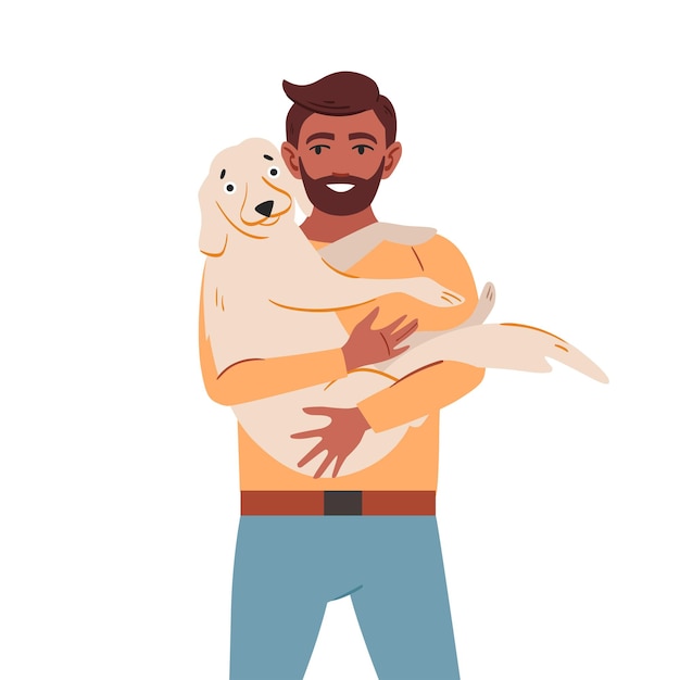 Vector hombre con un lindo perro dueño de mascota feliz y adorable terrier persona que se preocupa por el compañero