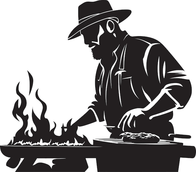 Vector hombre y llama vector bbq logo icon flavor forge ilustración de la barbacoa de vector negro