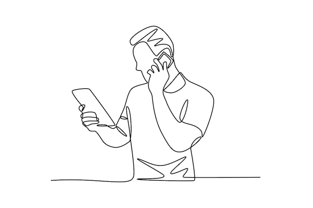 Hombre llamando mientras mira archivos en la tableta Concepto de multitarea dibujo en línea