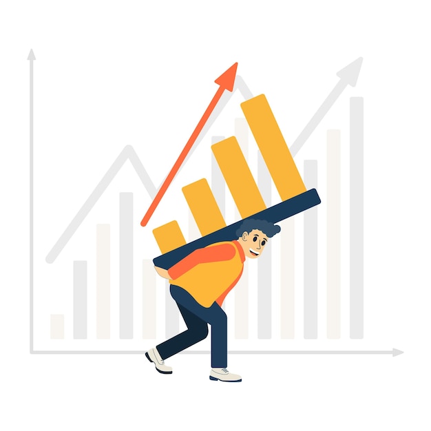 Vector el hombre lleva un gráfico de crecimiento en la espalda. concepto de trabajador que impulsa la economía. diagrama gráfico
