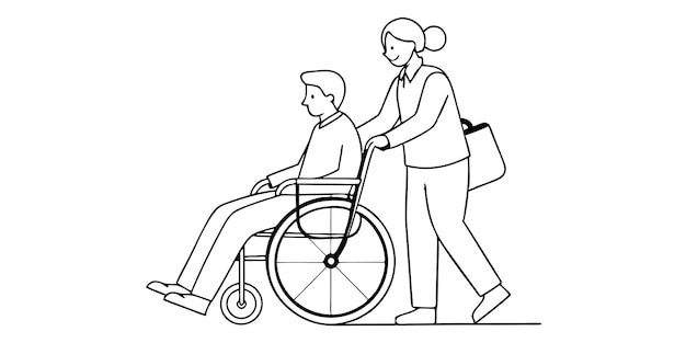 Hombre lleva a un paciente en una silla de ruedas ilustración en blanco y negro