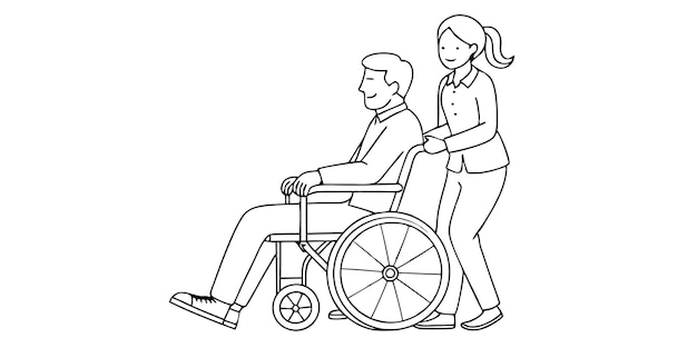 Hombre lleva a un paciente en una silla de ruedas ilustración en blanco y negro