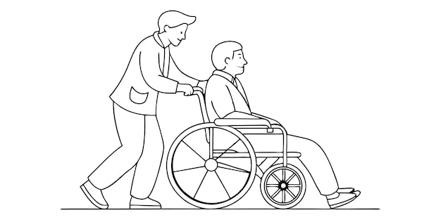 Hombre lleva a un paciente en una silla de ruedas ilustración en blanco y negro
