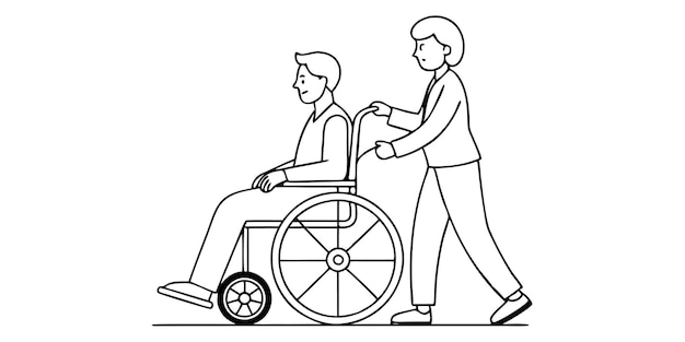 Hombre lleva a un paciente en una silla de ruedas ilustración en blanco y negro