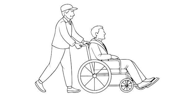 Hombre lleva a un paciente en una silla de ruedas ilustración en blanco y negro