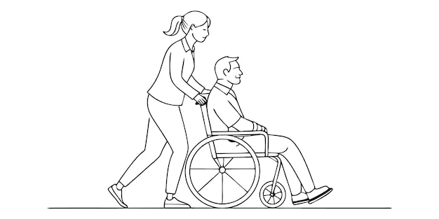 Hombre lleva a un paciente en una silla de ruedas ilustración en blanco y negro