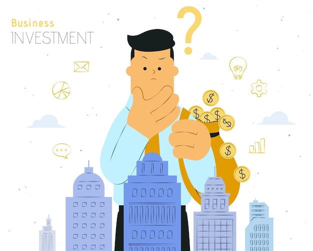Hombre llevando una bolsa de dinero y considerando opciones de inversión Hacer decisiones de inversión concepto de diseño plano.