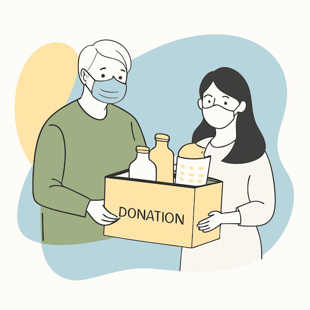 un hombre llevando una caja que dice apoyo para la caridad