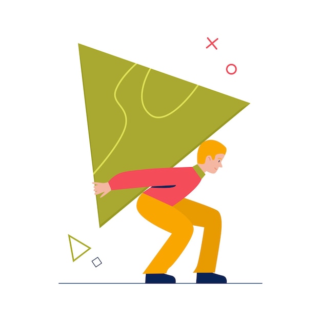 Hombre llevando pesada figura geométrica con esfuerzos pequeño personaje masculino con triángulo verde gigante