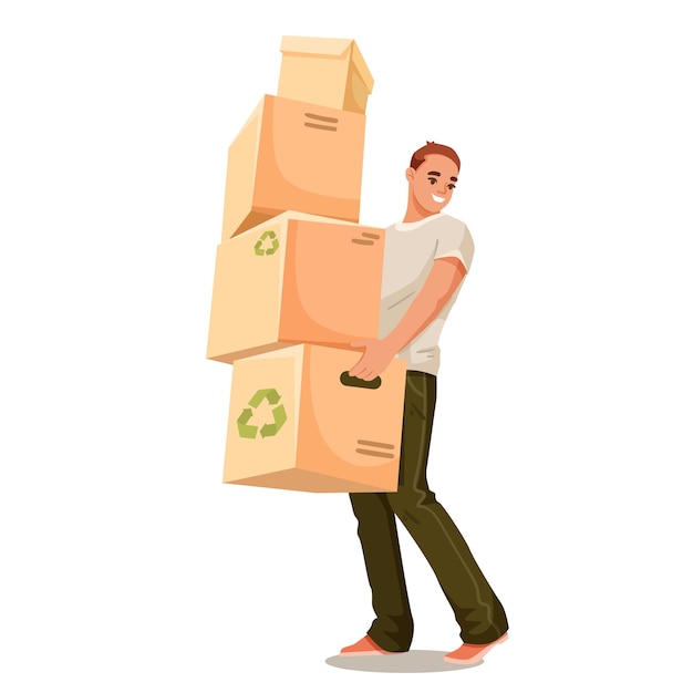 Hombre llevando una pila de cajas en sus manos Ilustración vectorial