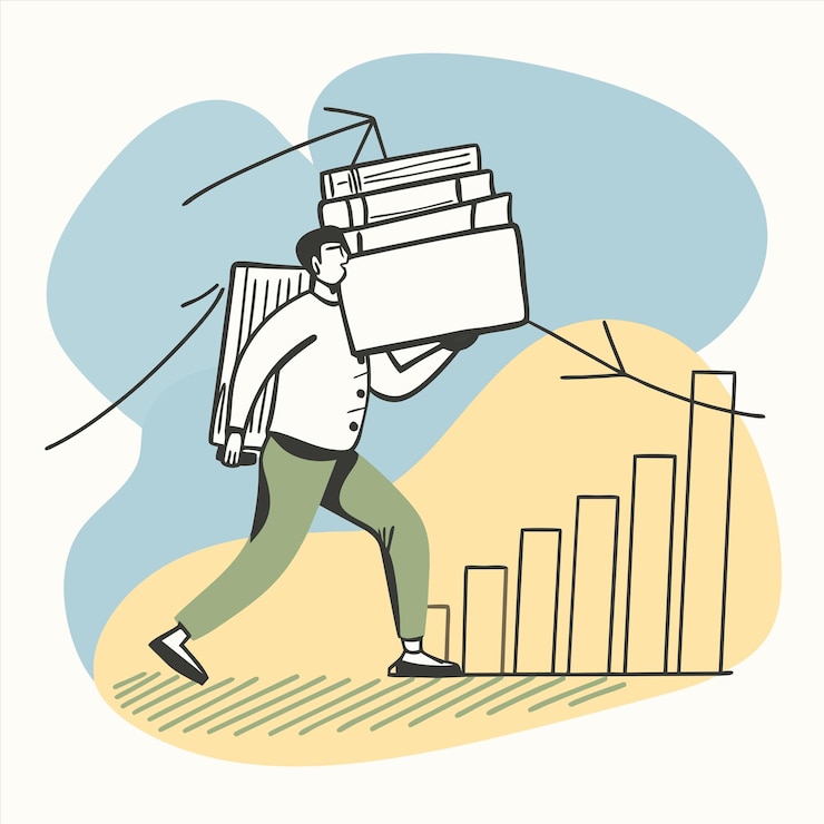 Vector un hombre llevando una pila de libros con un gráfico en él