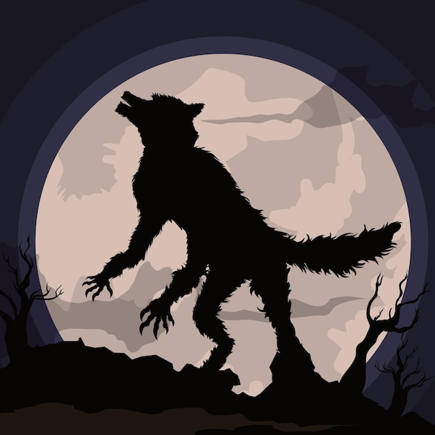 Vector hombre lobo aullando a la luna llena en una escena nocturna con un fondo de terror espeluznante