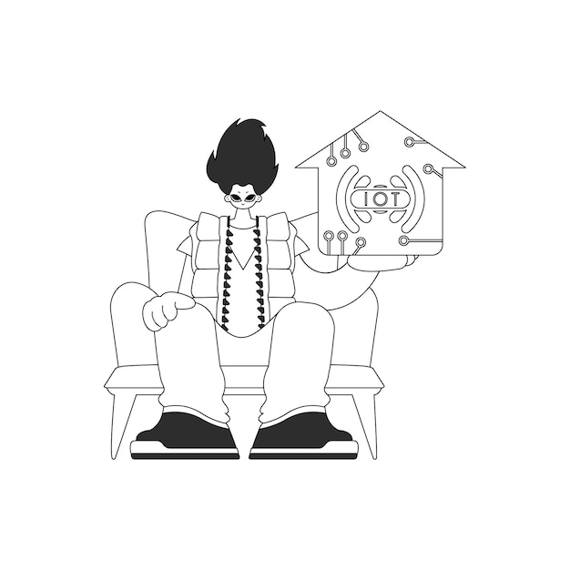 Un hombre con un logotipo que representa el Internet de las cosas en un estilo vectorial lineal