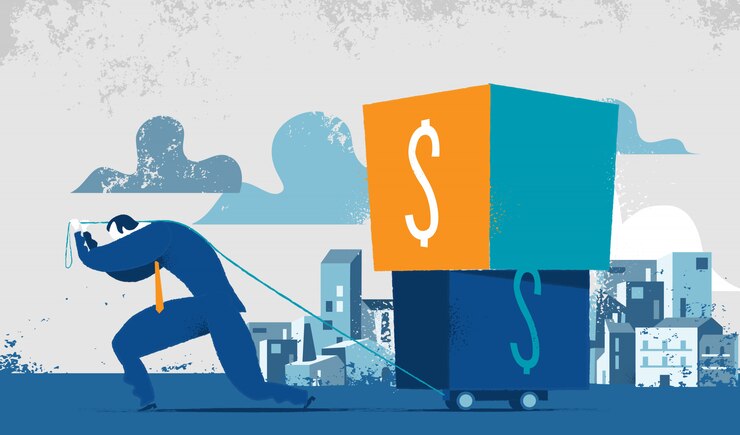 Vector hombre luchando por llevar cajas pesadas con un signo de dólar. concepto de ponderación de impuestos, deudas financieras, pago de créditos.
