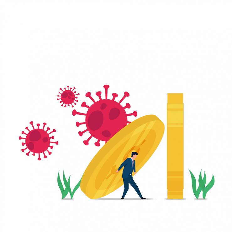 Vector hombre luchando sostener la moneda porque el virus corona. ilustración de concepto plano de negocios.