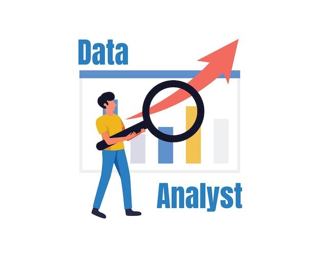 Hombre con lupa Empresarios de vector plano que trabajan para el análisis y monitoreo de datos en la web Informe monitor de tablero de instrumentos y concepto de inversión de finanzas empresariales