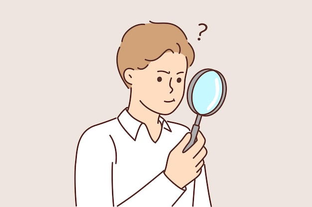 El hombre con lupa trabaja como detective privado e intenta encontrar pequeñas pistas con lupa. Un tipo curioso estudia objetos en miniatura bajo una lupa o busca algo perdido.