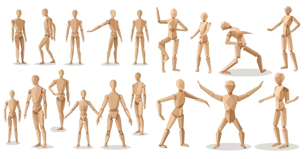 Vector hombre de madera posa grupo de juguetes de madera estatua de personas modelo humano para artista de arte dibujando figura de maniquí de marioneta en diferentes posturas