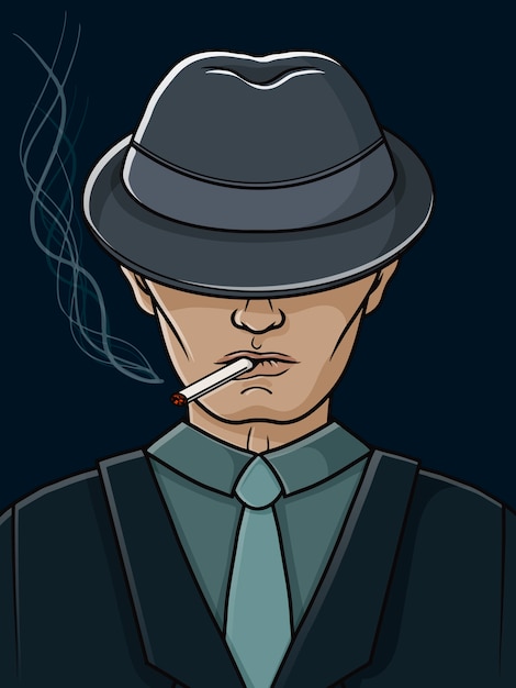 Hombre de la mafia con un sombrero y un cigarrillo. Gángster. ilustración.