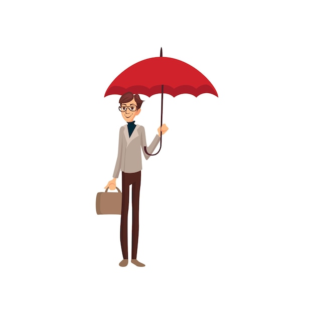 hombre, con, maletín, posición, debajo, paraguas rojo, lluvioso, tiempo, concepto, caricatura, vector, ilustración, aislado, en, un, fondo blanco