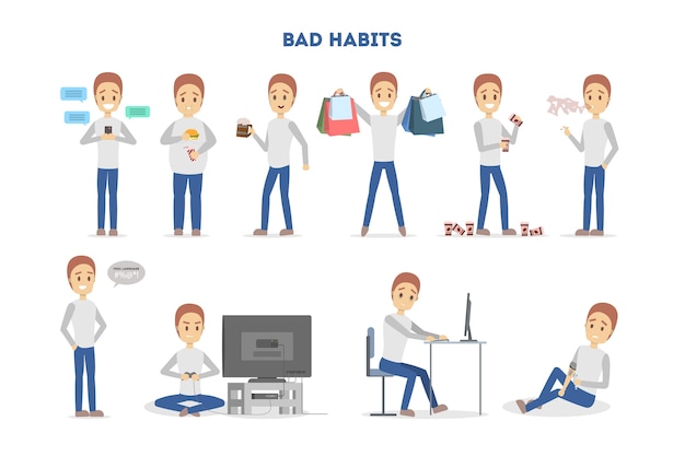 Hombre con malos hábitos. Adicción al alcohol y al café, a la comida chatarra y al juego. Estilo de vida poco saludable y peligro para la vida. Ilustración vectorial plana