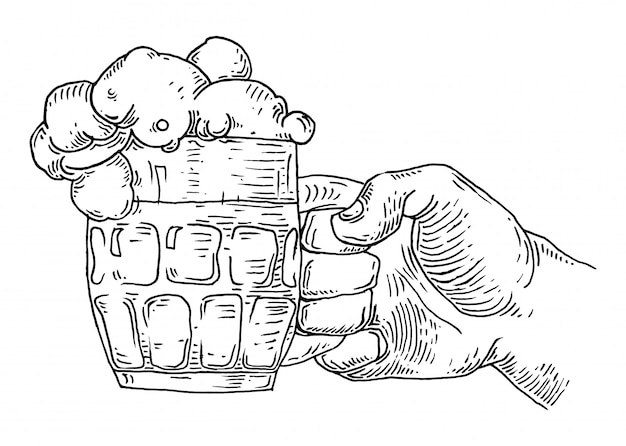Hombre mano sosteniendo y tintineando ilustración de vaso de cerveza