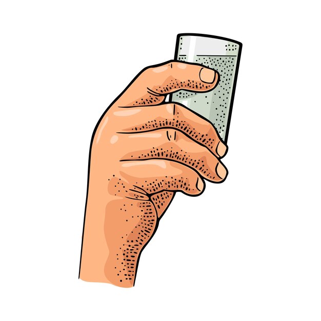 Hombre con la mano sosteniendo vodka de vidrio Ilustración de grabado vectorial de color vintage.