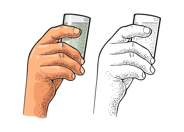 Hombre con la mano sosteniendo vodka de vidrio Ilustración de grabado vectorial de color vintage.