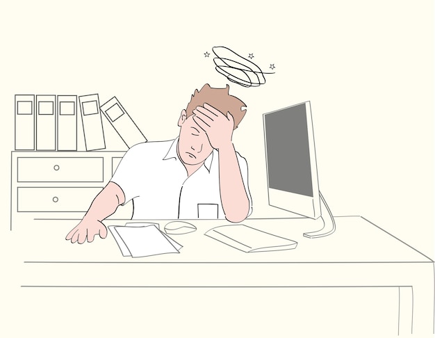 Un hombre mareado pensando en su trabajo en el escritorio de la oficina Ilustraciones de diseño vectorial de estilo dibujado a mano