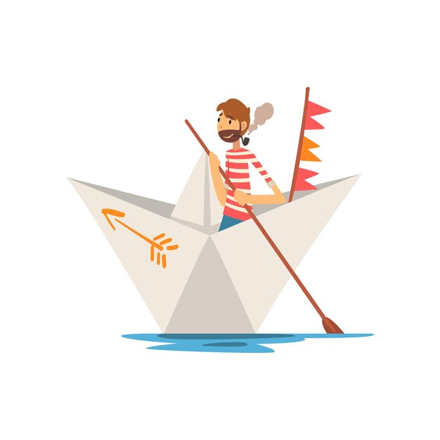 Vector hombre marinero con pipa de tabaco navegando en un lago o estanque en papel ilustración vectorial de barco en fondo blanco