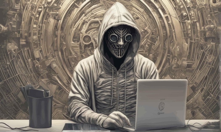 Vector un hombre con una máscara con una computadora portátil y una calavera un hombre con una máscara con una computadora portátil y un hacker de calaveras en