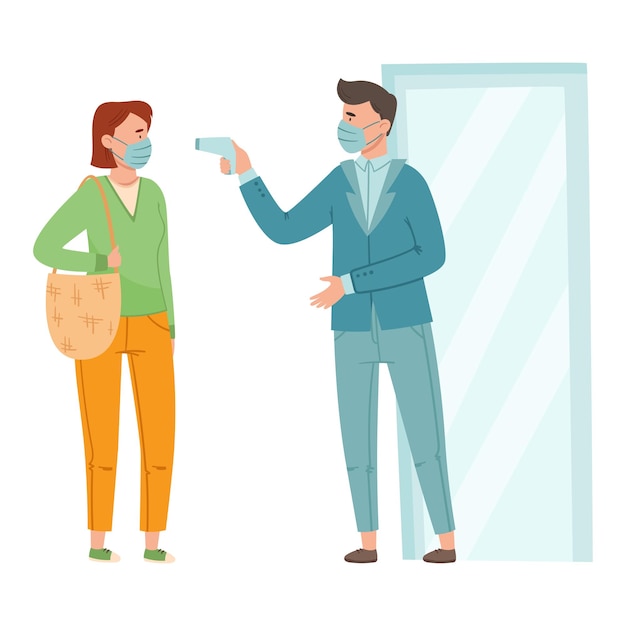 Hombre con máscara facial médica midiendo la temperatura de la mujer con termómetro antes de la entrada Ilustración vectorial