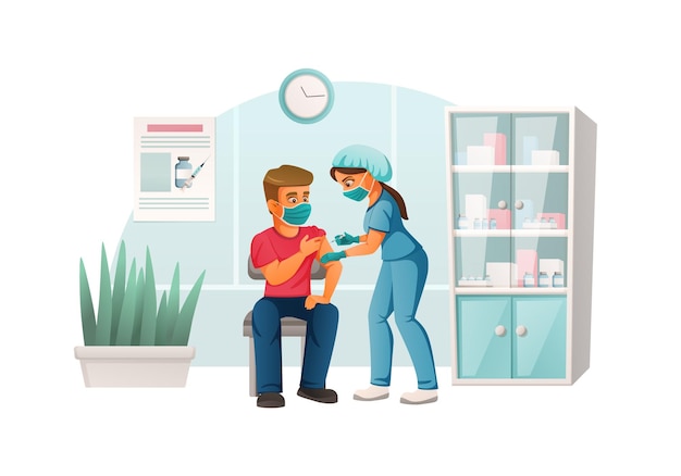 Hombre en máscara médica recibiendo vacunación en la ilustración de vector de dibujos animados de oficina de médicos