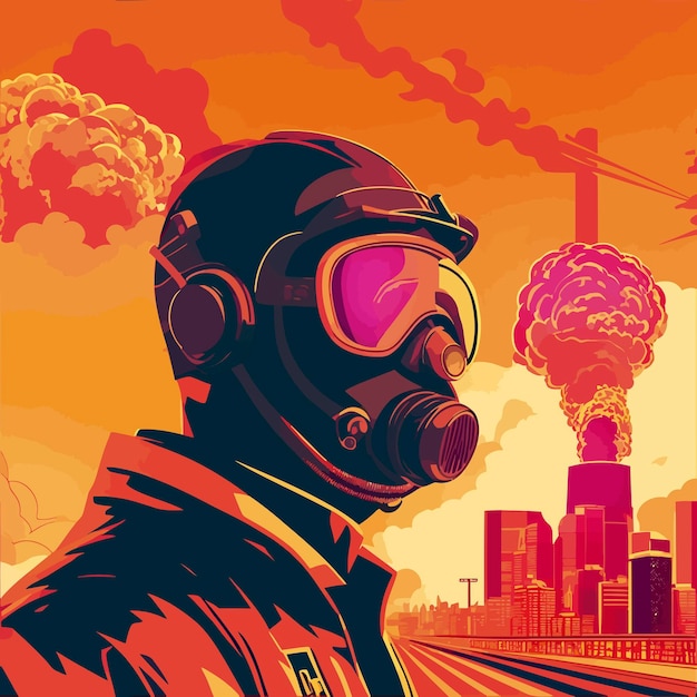 Un hombre con una máscara de piloto ciudad de explosión nuclear en la ilustración de fondo