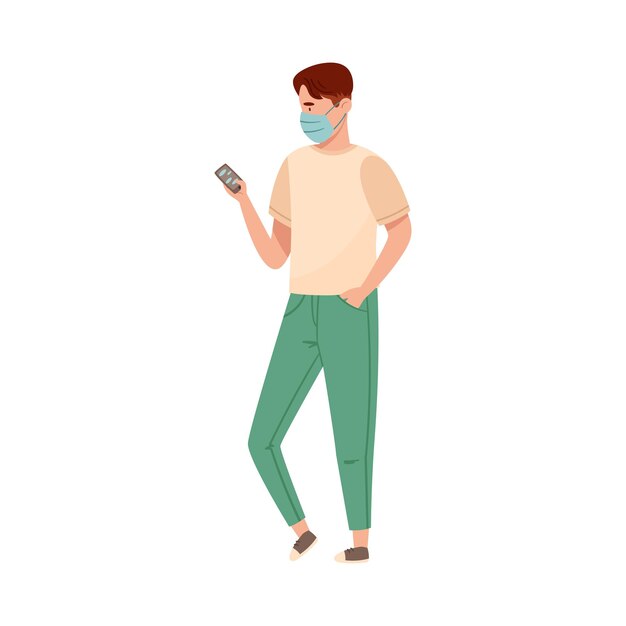 Hombre con máscara protectora de cara de pie al aire libre con ilustración vectorial de distanciamiento social de teléfono inteligente