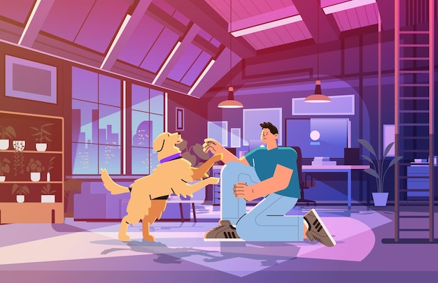 hombre mascota dueño entrenamiento lindo perro mejores amigos animal doméstico concepto moderno salón interior horizontal vector ilustración