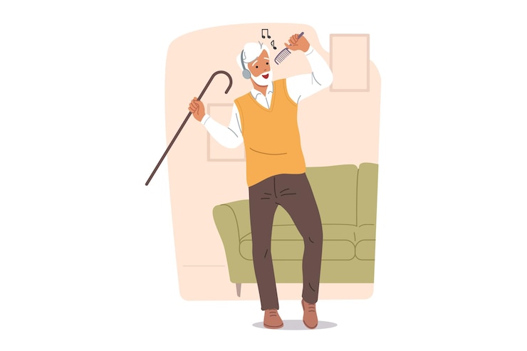 Vector hombre mayor activo baila y canta mientras escucha música en auriculares en un apartamento cerca del sofá
