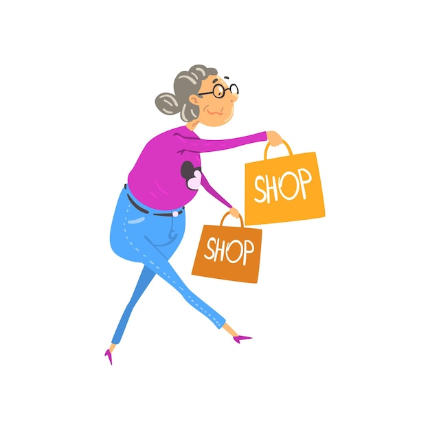 Hombre mayor caminando con bolsas de compras personaje de dibujos animados de anciana que lleva un estilo de vida activo