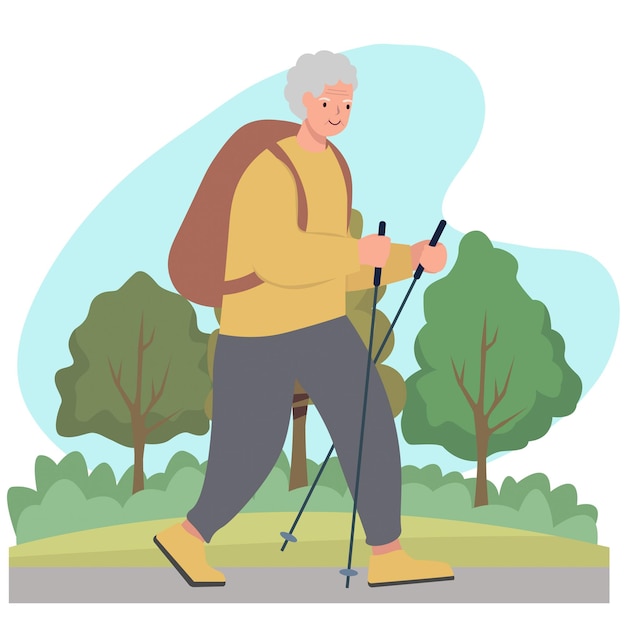 Hombre mayor caminando con palos en un parque Ilustración vectorial
