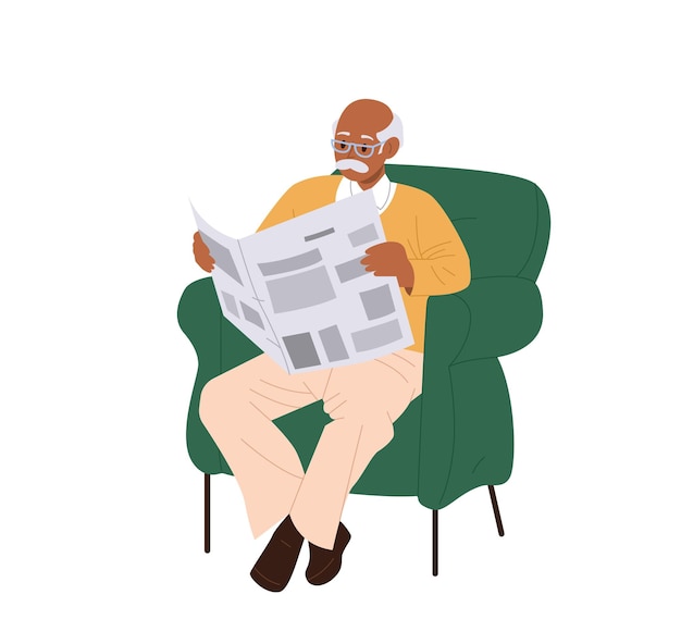 Hombre mayor, caricatura, jubilado, carácter, lectura, periódico, sentado, en, cómodo, hogar, sillón, vector, ilustración, aislado, blanco, plano de fondo, feliz, abuelo, disfrutar, descanso, y, diario, afición, rutina