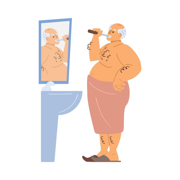 Hombre mayor está en el baño cepillándose los dientes vector ilustración de dibujos animados plana del personaje de anciano un ...