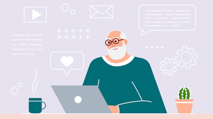 Vector el hombre mayor estudia y enseña tecnologías modernas usando una computadora portátil. un abuelo con una sonrisa positiva se sienta frente a una computadora, se comunica en internet y aprende cosas nuevas. el adulto trabaja. vector.