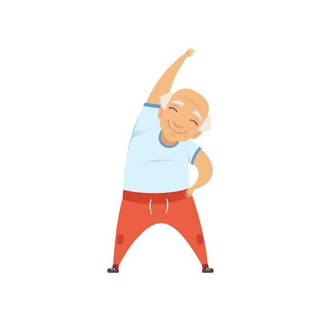 Hombre mayor haciendo deportes personaje abuela haciendo ejercicios matutinos o gimnasia terapéutica vector de estilo de vida activo y saludable Ilustración aislada sobre un fondo blanco