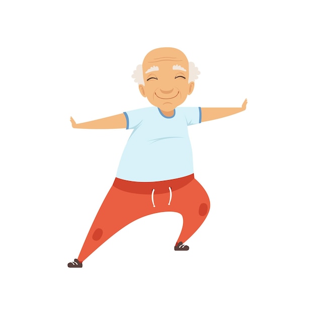 Hombre mayor haciendo deportes personaje abuela haciendo ejercicios matutinos o gimnasia terapéutica vector de estilo de vida activo y saludable Ilustración aislada sobre un fondo blanco