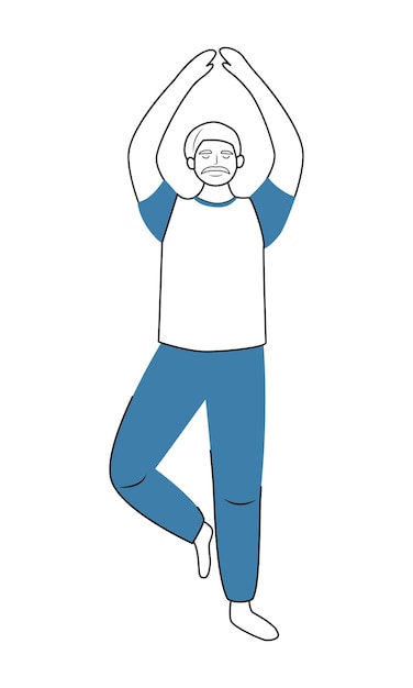 Hombre mayor en pose de yoga carácter vectorial de color semiplano