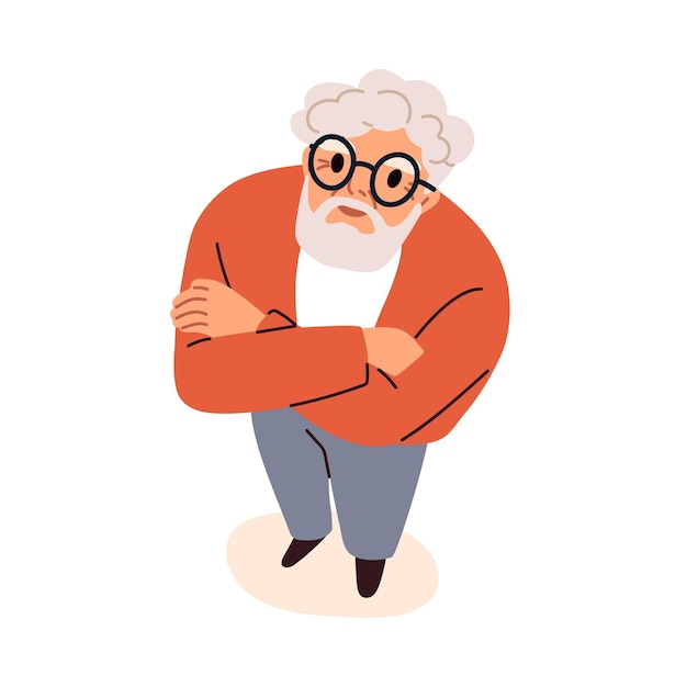 Hombre mayor sorprendido rostro emocionado mirando hacia arriba vista de arriba hacia abajo en anciano asombrado conmocionado emoción anciano aturdido personaje de pie mirando fijamente ilustración vectorial plana aislada en fondo blanco