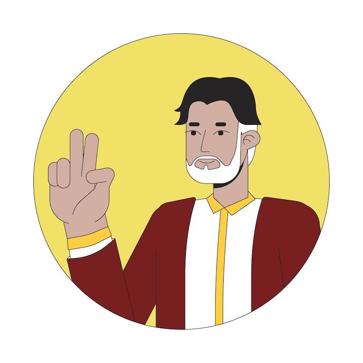 Vector hombre de mediana edad de cuarenta años signo de paz mano 2d línea vector avatar ilustración de mediana edad barbudo latinoamericano tomando selfie contorno cara de personaje de dibujos animados humor divertido color plano imagen de perfil de usuario aislado