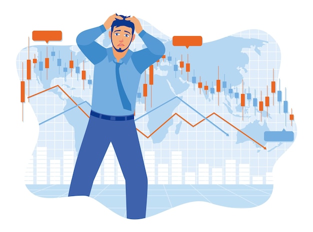 Hombre de mediana edad sosteniendo la cabeza con cara triste hombres de negocios mirando el gráfico de negocios en declive concepto de mercado de valores