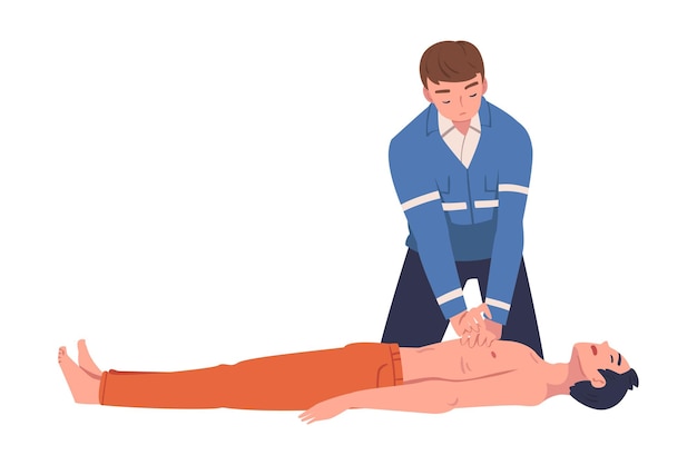 Hombre médico haciendo masaje cardíaco externo a la víctima acostada como rescate y emergencia de salvamento de vidas